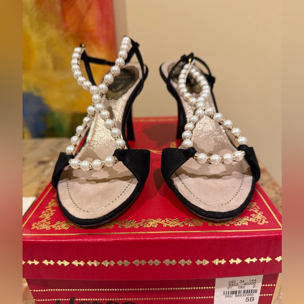 Rene Caovilla Black Pearl-Embellished Women's Sandals NWT